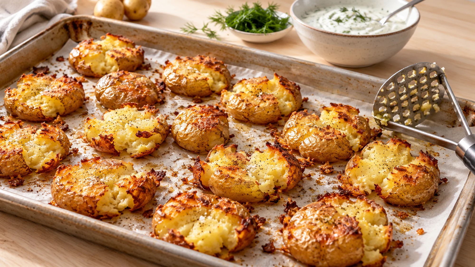 Flattened baby potatoes roasted until golden on a baking tray