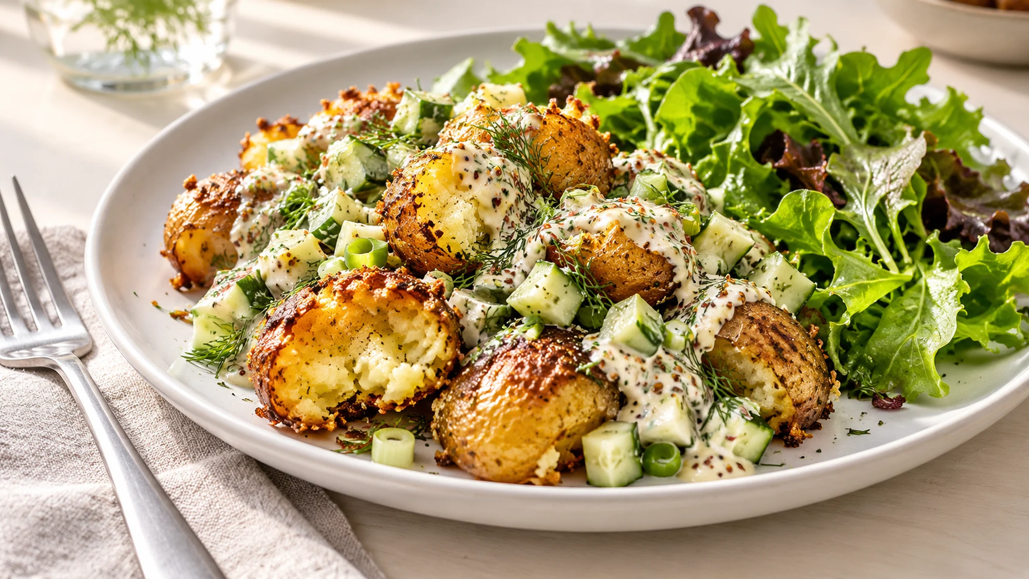 A serving of crispy smashed potato salad beside fresh greens