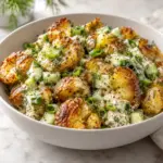 Crispy smashed potato salad with roasted edges and creamy dill dressing