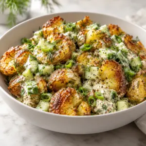 Crispy smashed potato salad with roasted edges and creamy dill dressing