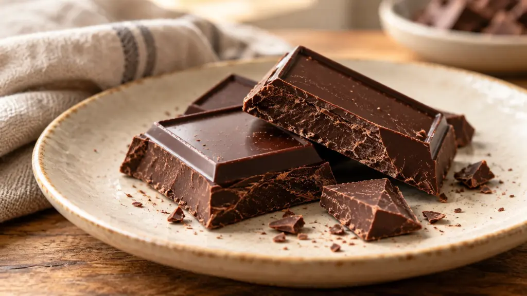 Broken dark chocolate pieces showing their snapped edges on a ceramic plate