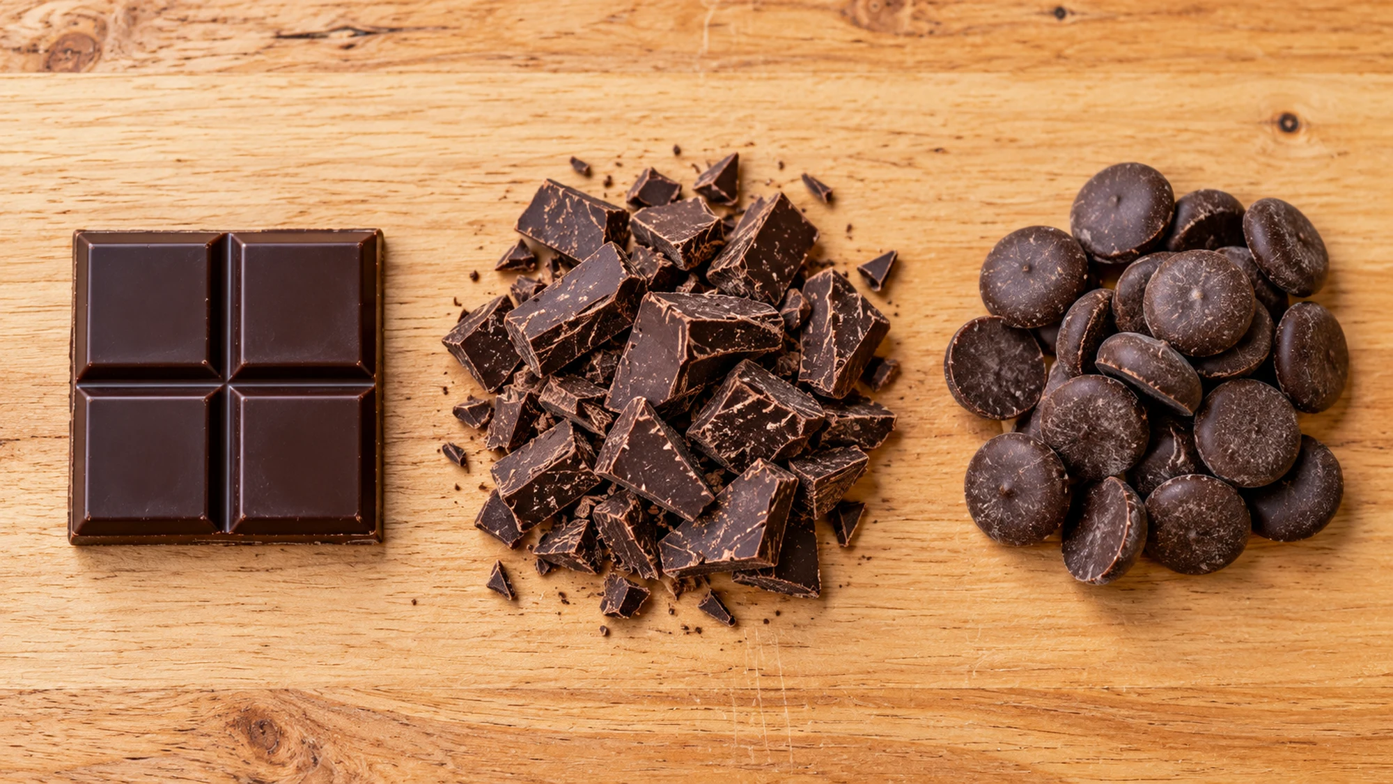 Dark chocolate in bar squares, chopped pieces and round couverture drops