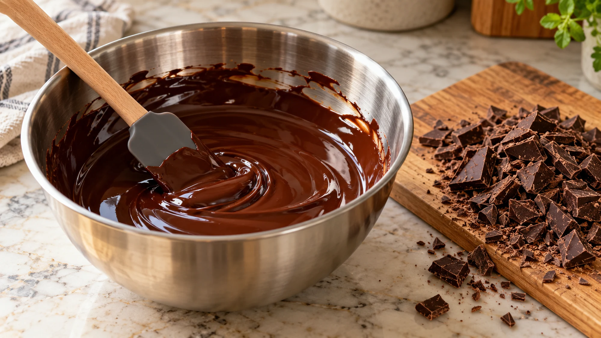 Glossy melted dark chocolate in a metal bowl beside chopped chocolate