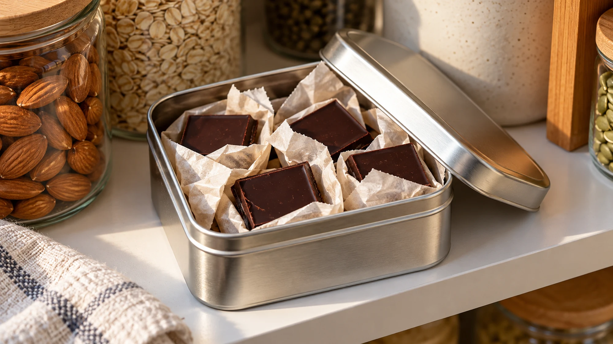 Dark chocolate pieces in plain parchment wrappers inside an open metal tin
