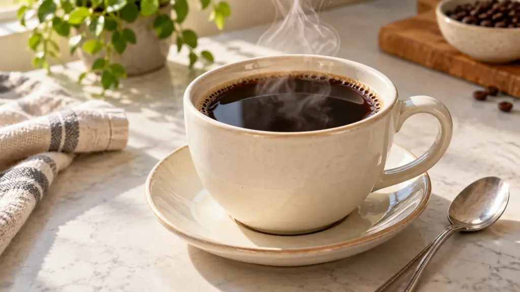 Small cup of black decaf coffee on a saucer beside a spoon