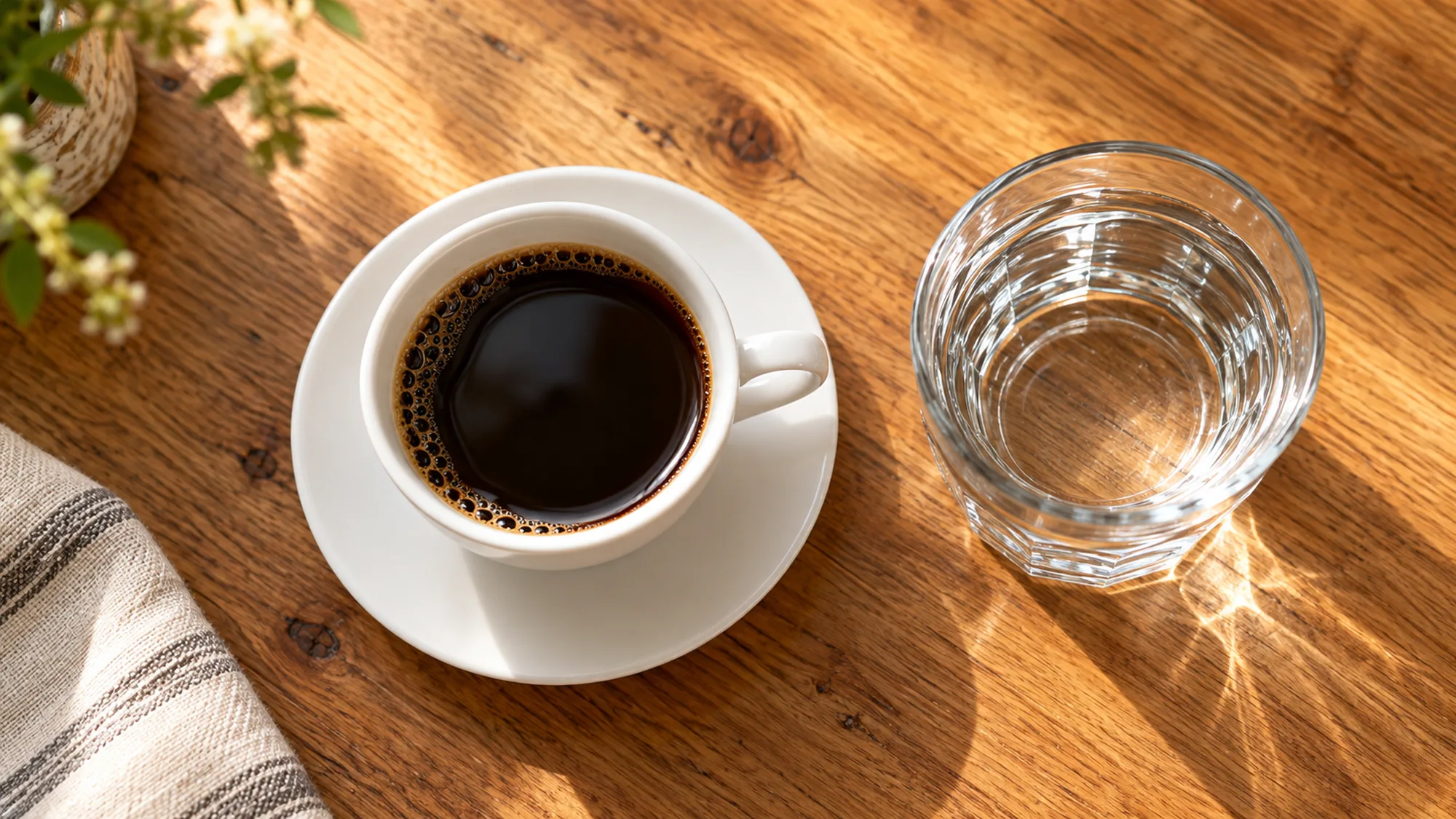 Decaf coffee in a white cup beside a glass of water