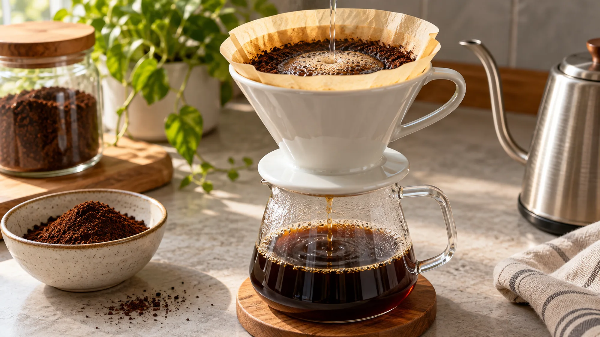 Decaf coffee brewing in a paper filter over a glass carafe