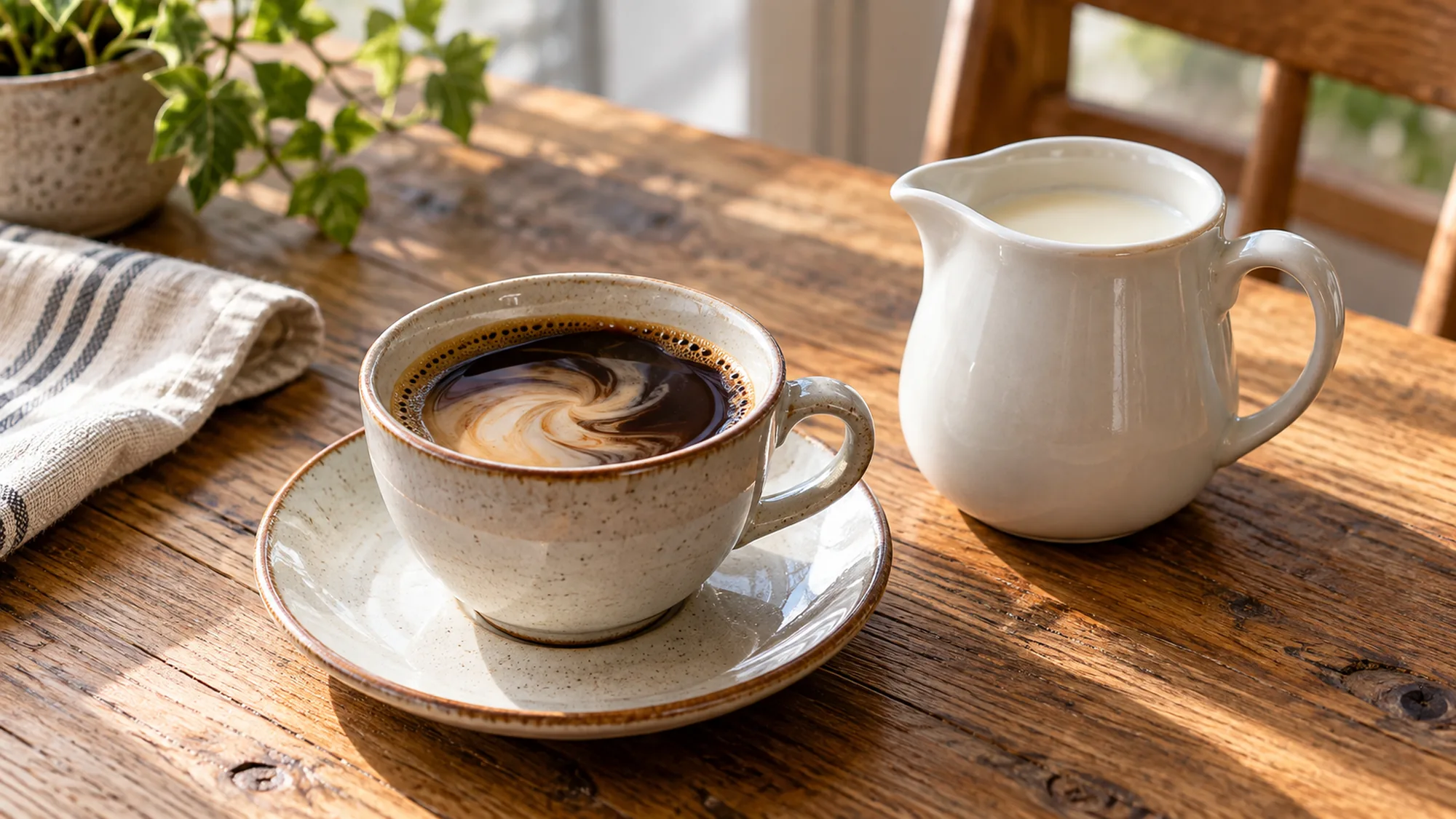 Decaf coffee with a swirl of milk beside a small pitcher