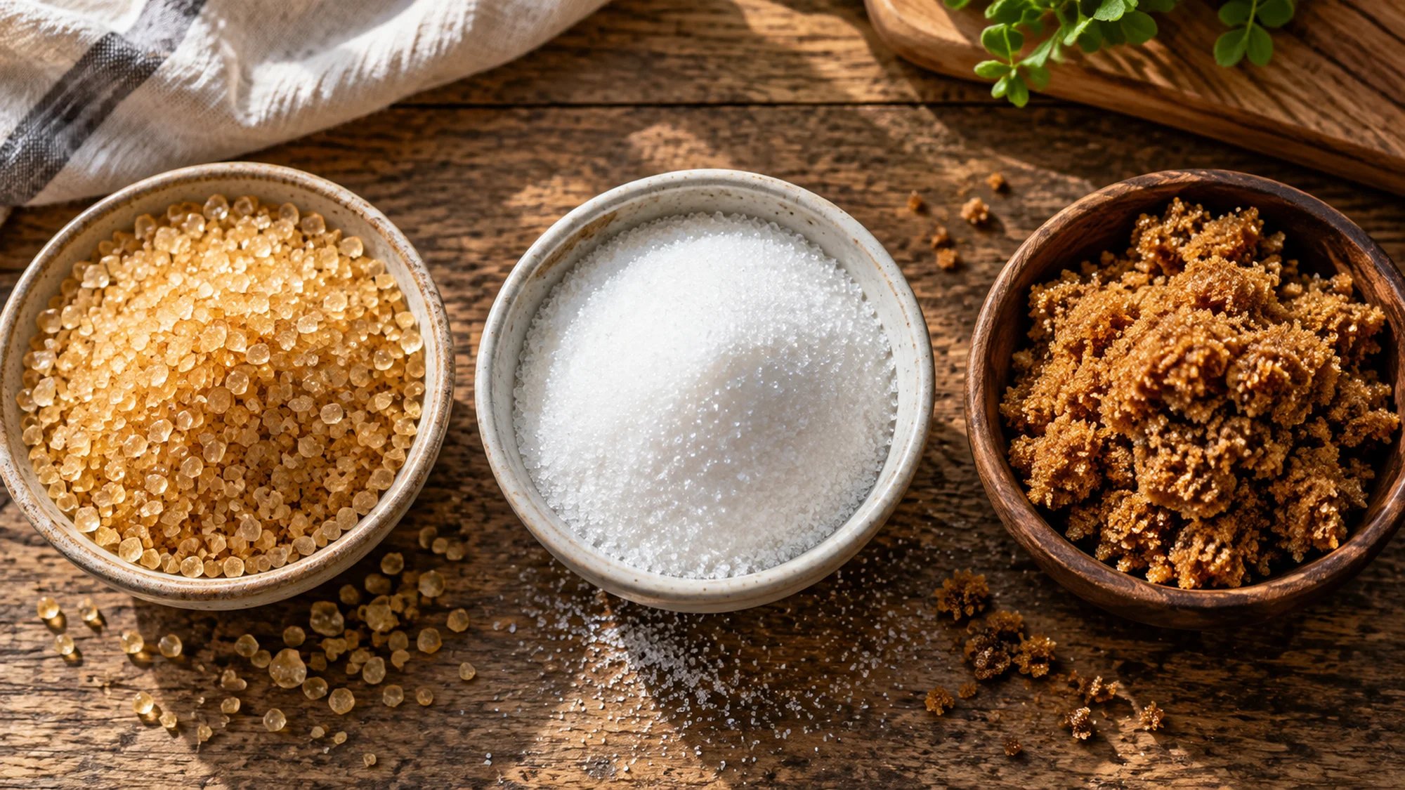 Demerara sugar beside white granulated sugar and soft brown sugar