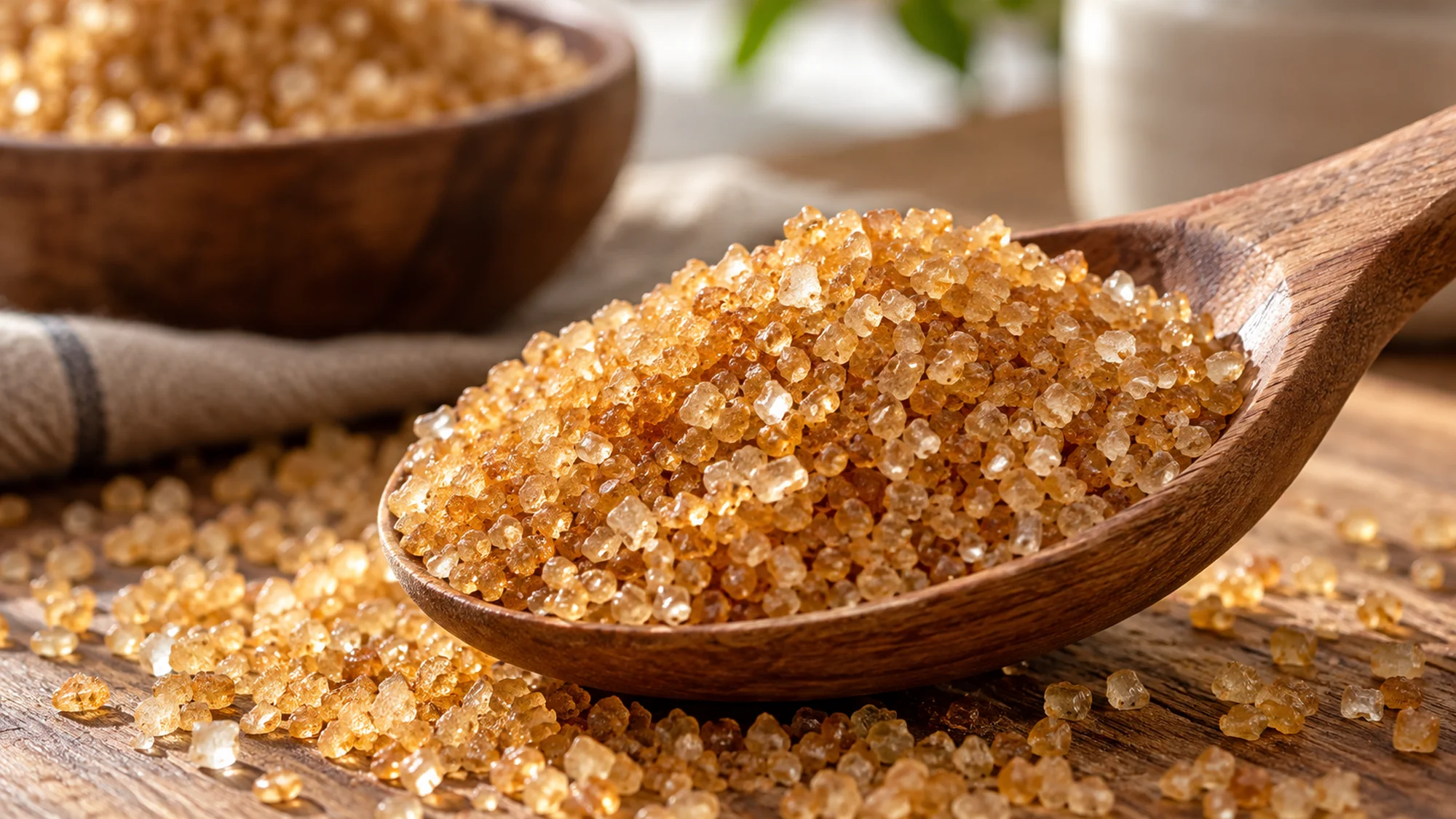 Close view of coarse demerara sugar in a wooden spoon
