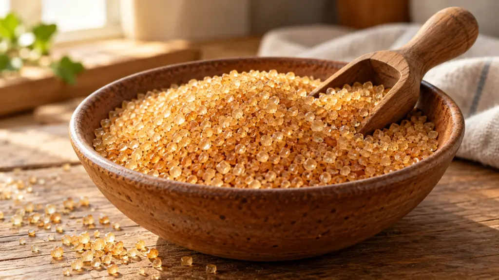 Golden demerara sugar crystals in a wooden bowl