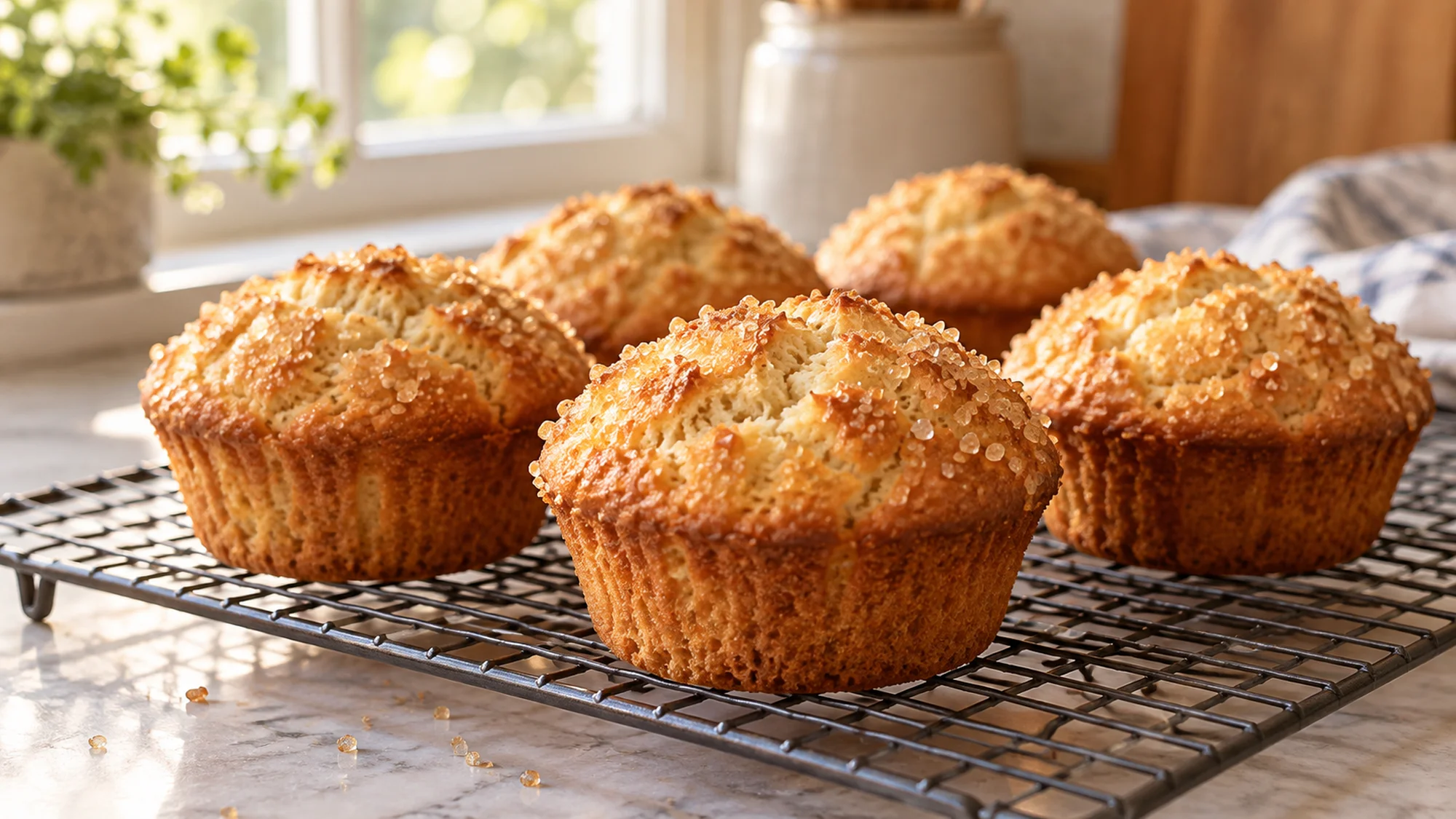 Muffin tops sprinkled with demerara sugar crystals