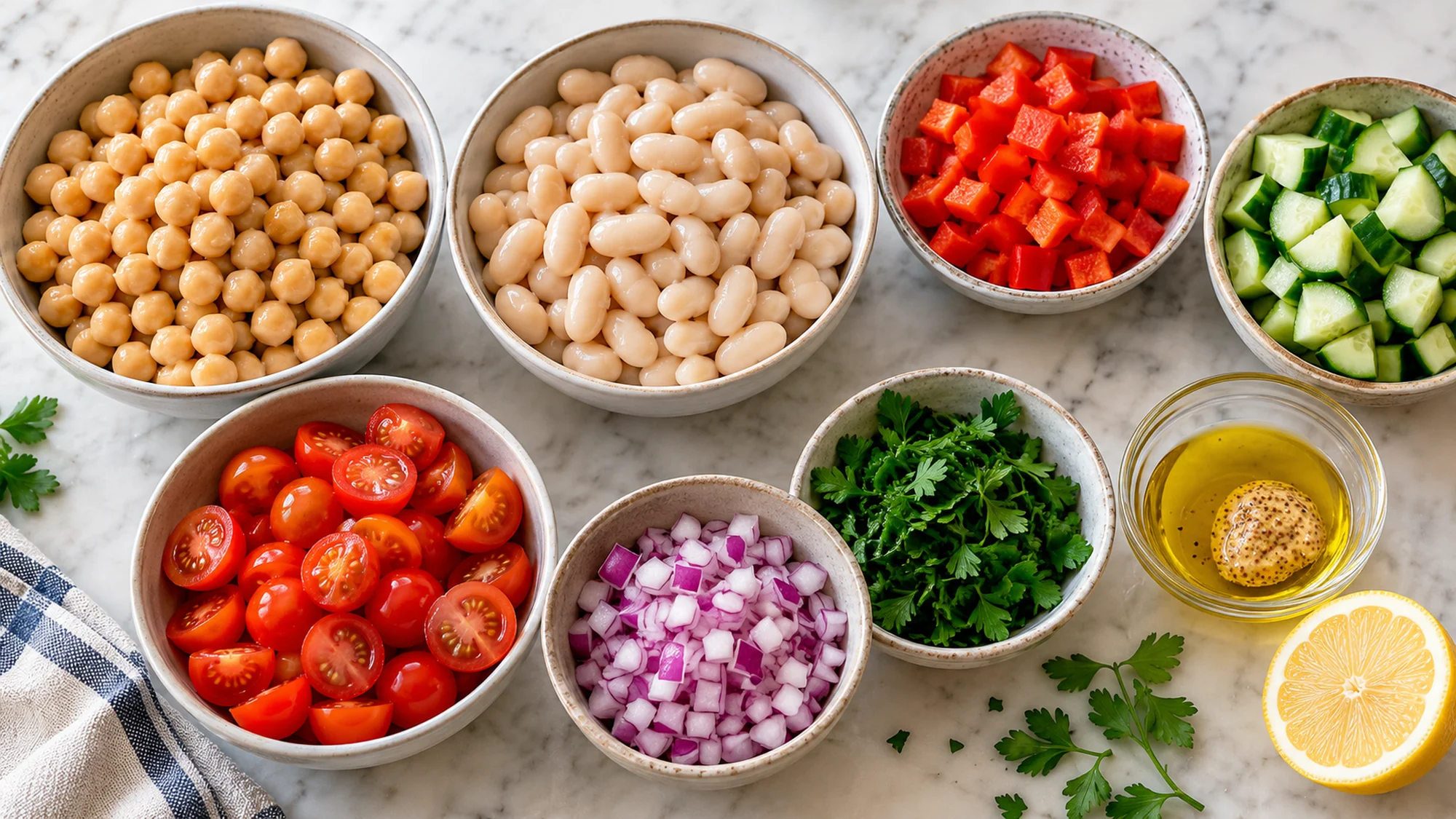 Cooked beans, chopped vegetables, parsley and lemon dressing ingredients