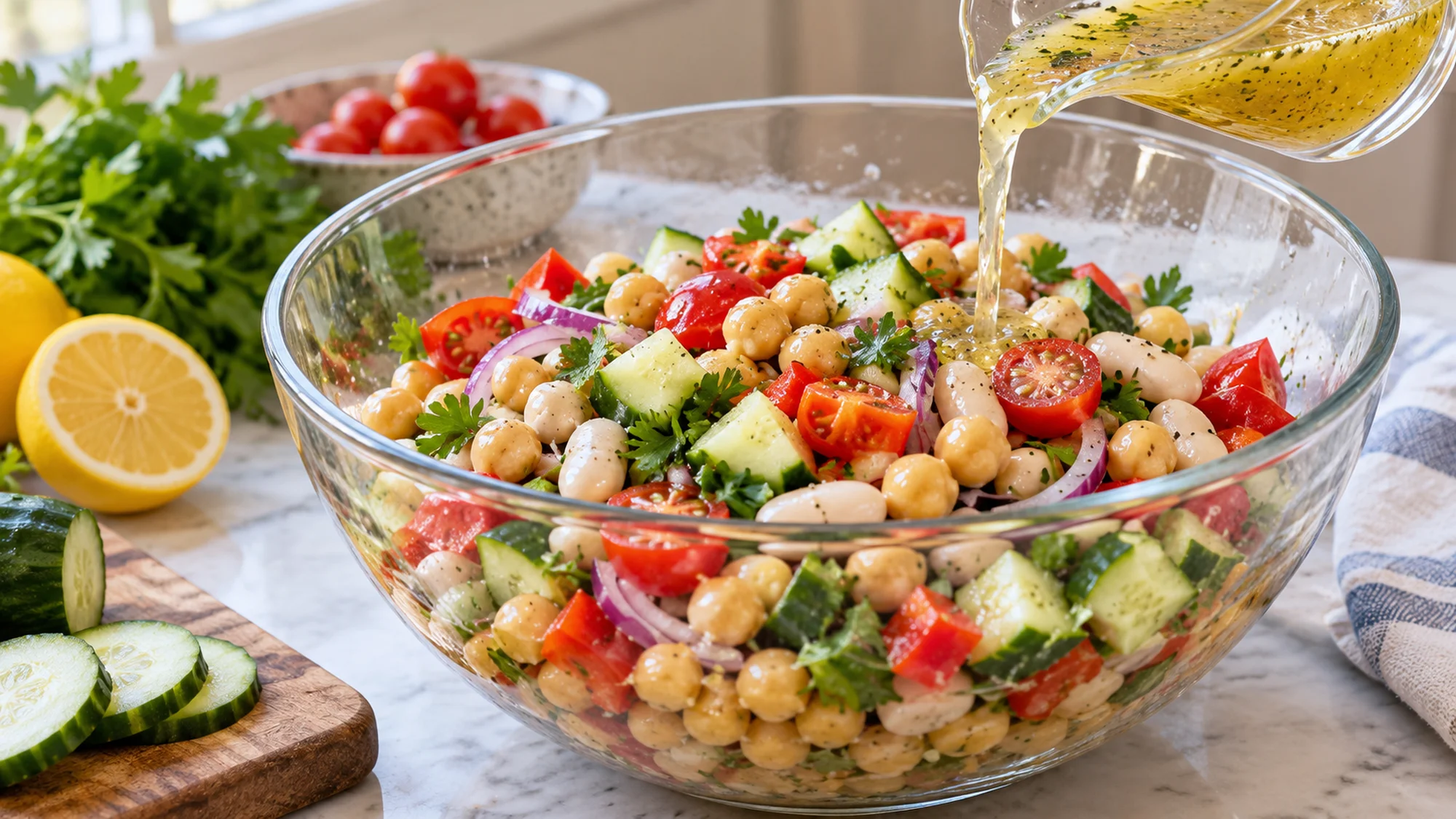 Lemon dressing poured over chickpeas, white beans and chopped vegetables