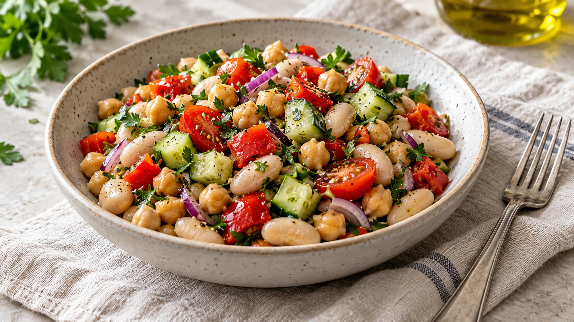 A bowl of dense bean salad with crisp vegetables