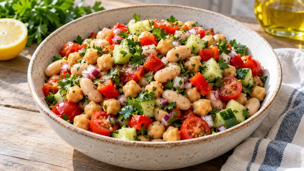 Chickpea and cannellini bean salad with cucumber, tomato, red pepper and parsley