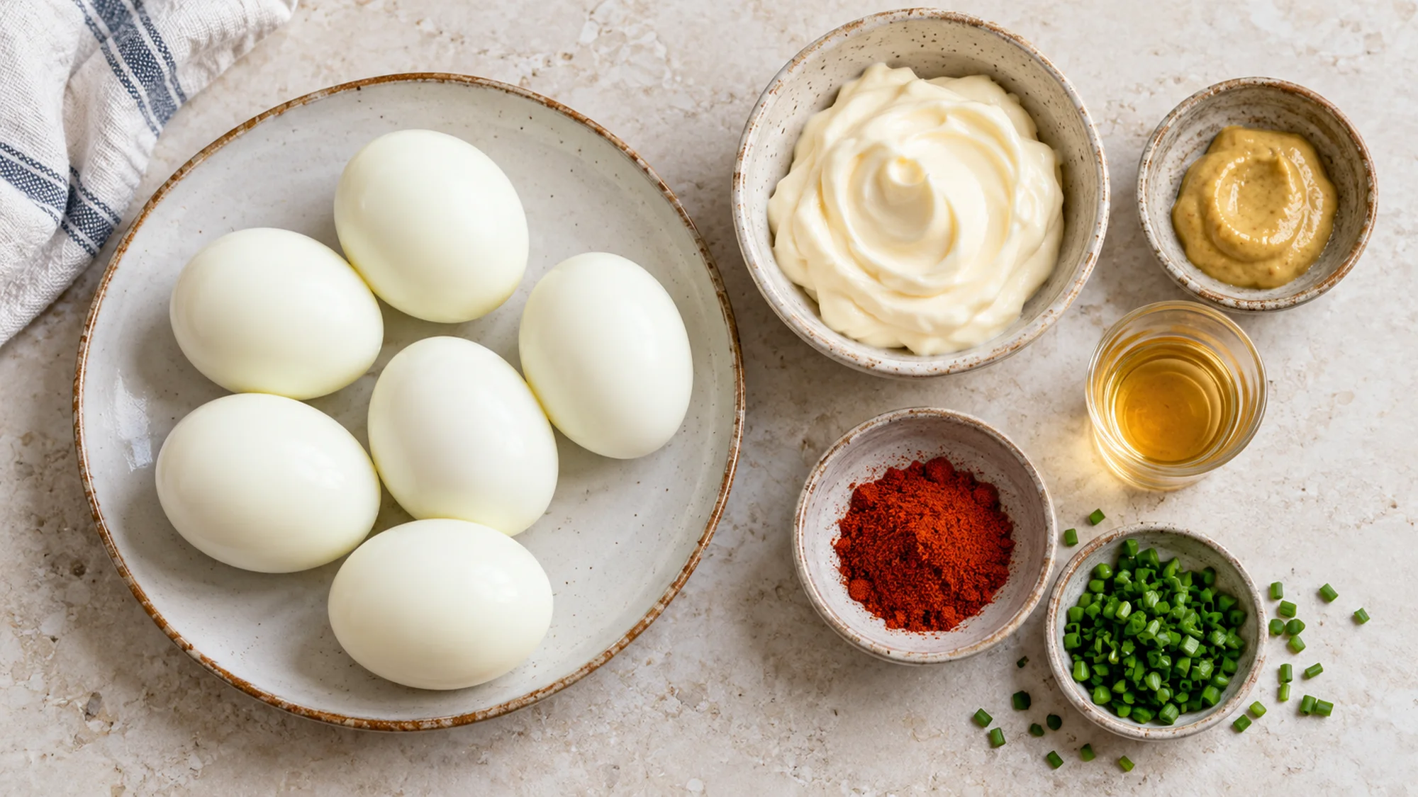 Boiled eggs with mayonnaise, mustard, vinegar, paprika and chives