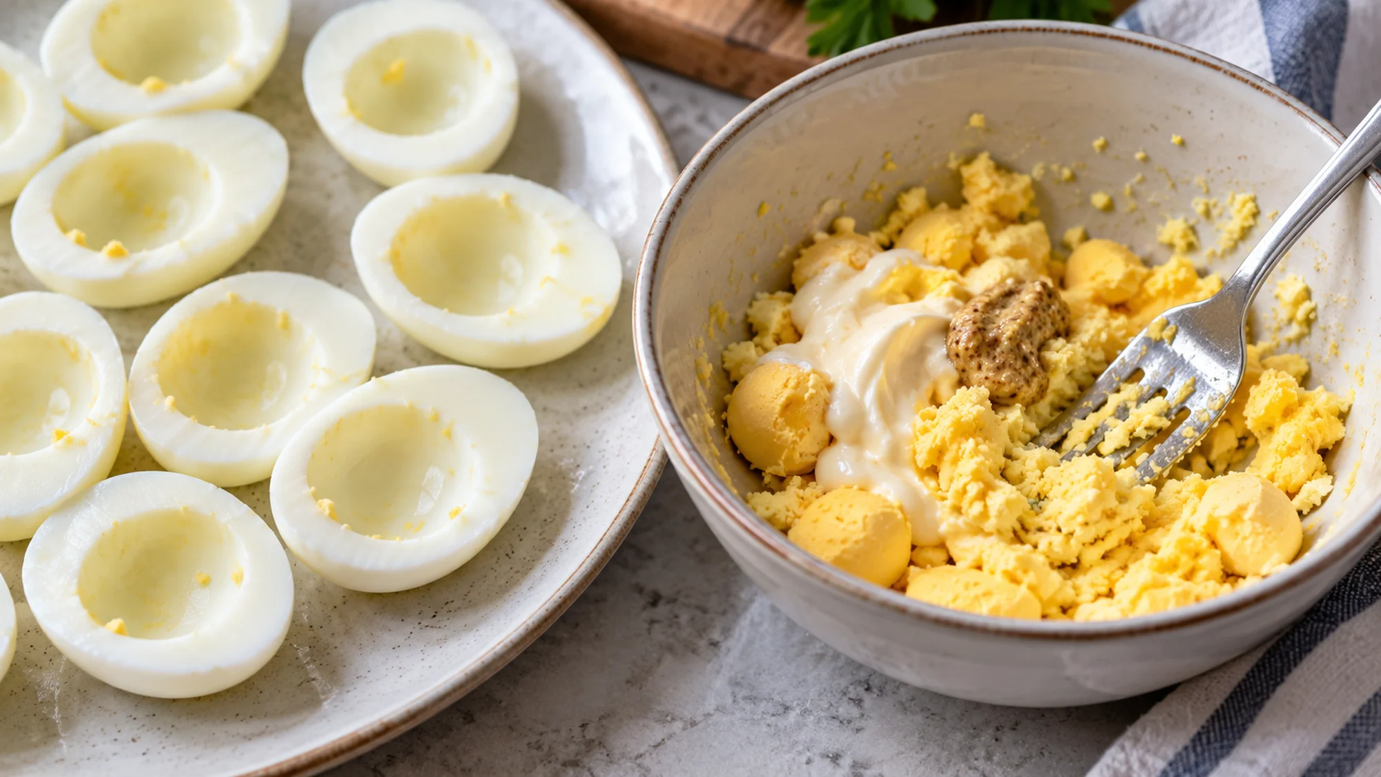 Cooked egg yolks mashed with mayonnaise and mustard beside empty white halves