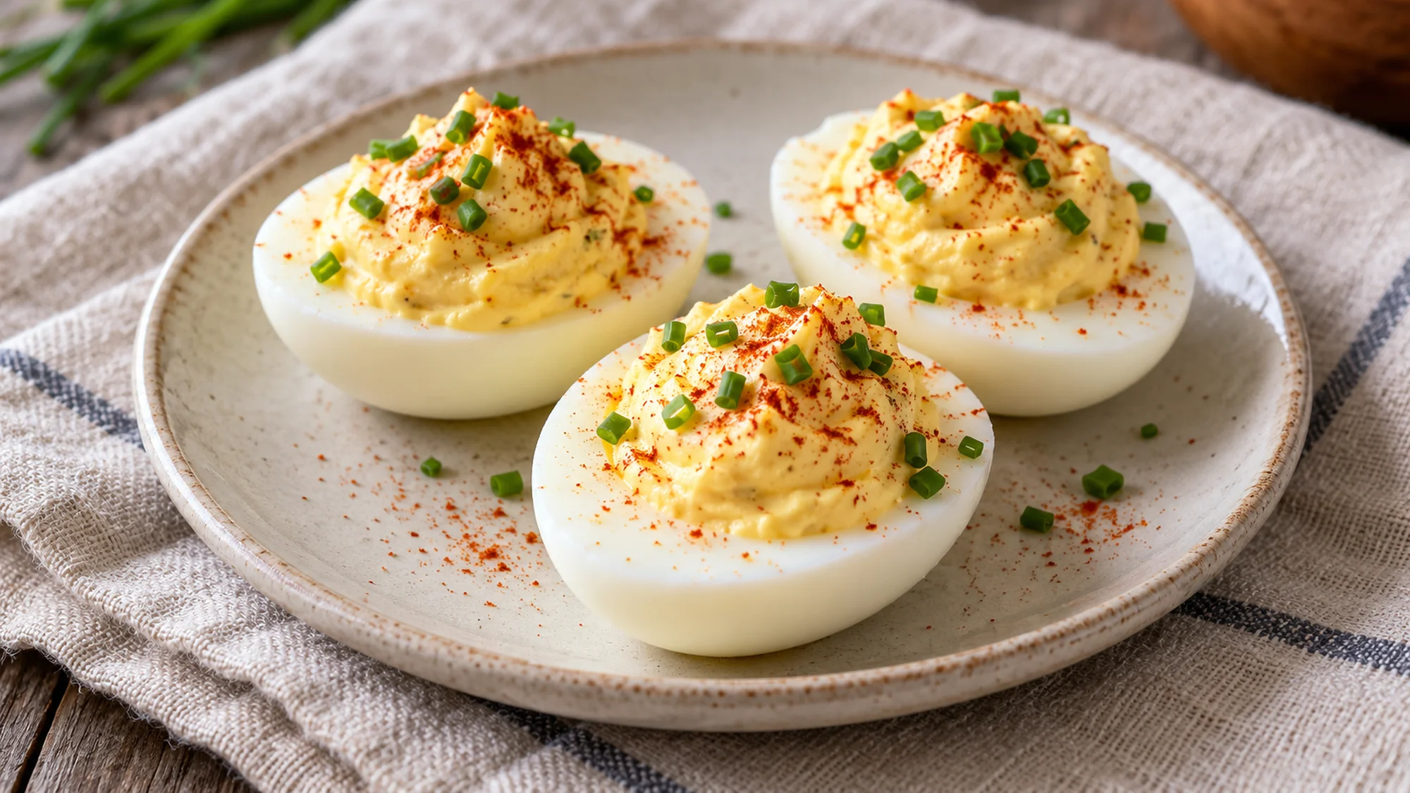 Three deviled egg halves with paprika and snipped chives