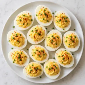 A platter of deviled eggs with pale yellow filling, paprika and chives
