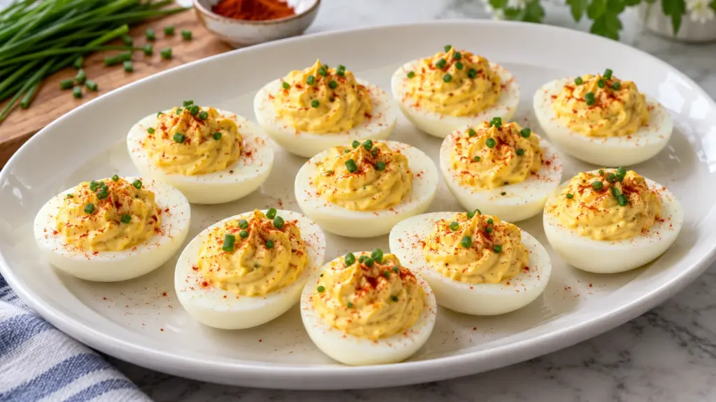 Deviled egg halves with creamy yolk filling, paprika and chives