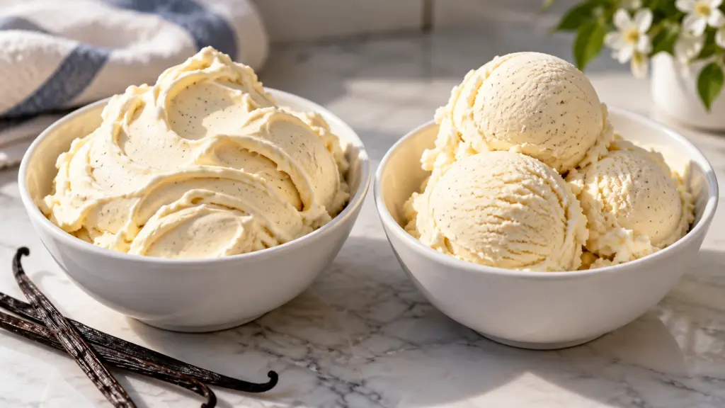 Vanilla gelato folds and rounded ice cream scoops in separate bowls