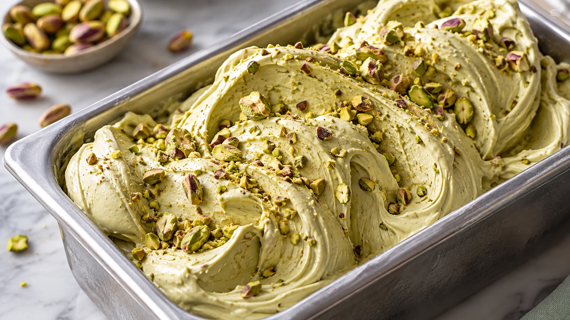 Pistachio gelato with soft folds in a metal tray