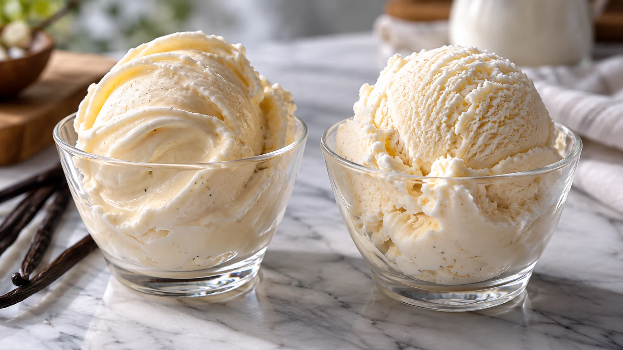 Vanilla gelato and ice cream in two small glass cups