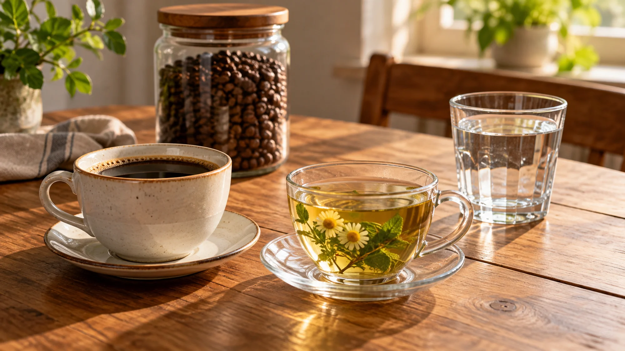 Coffee, an herbal infusion and water as different drink choices