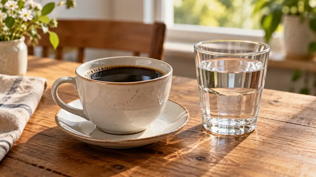 Black coffee and a glass of water side by side