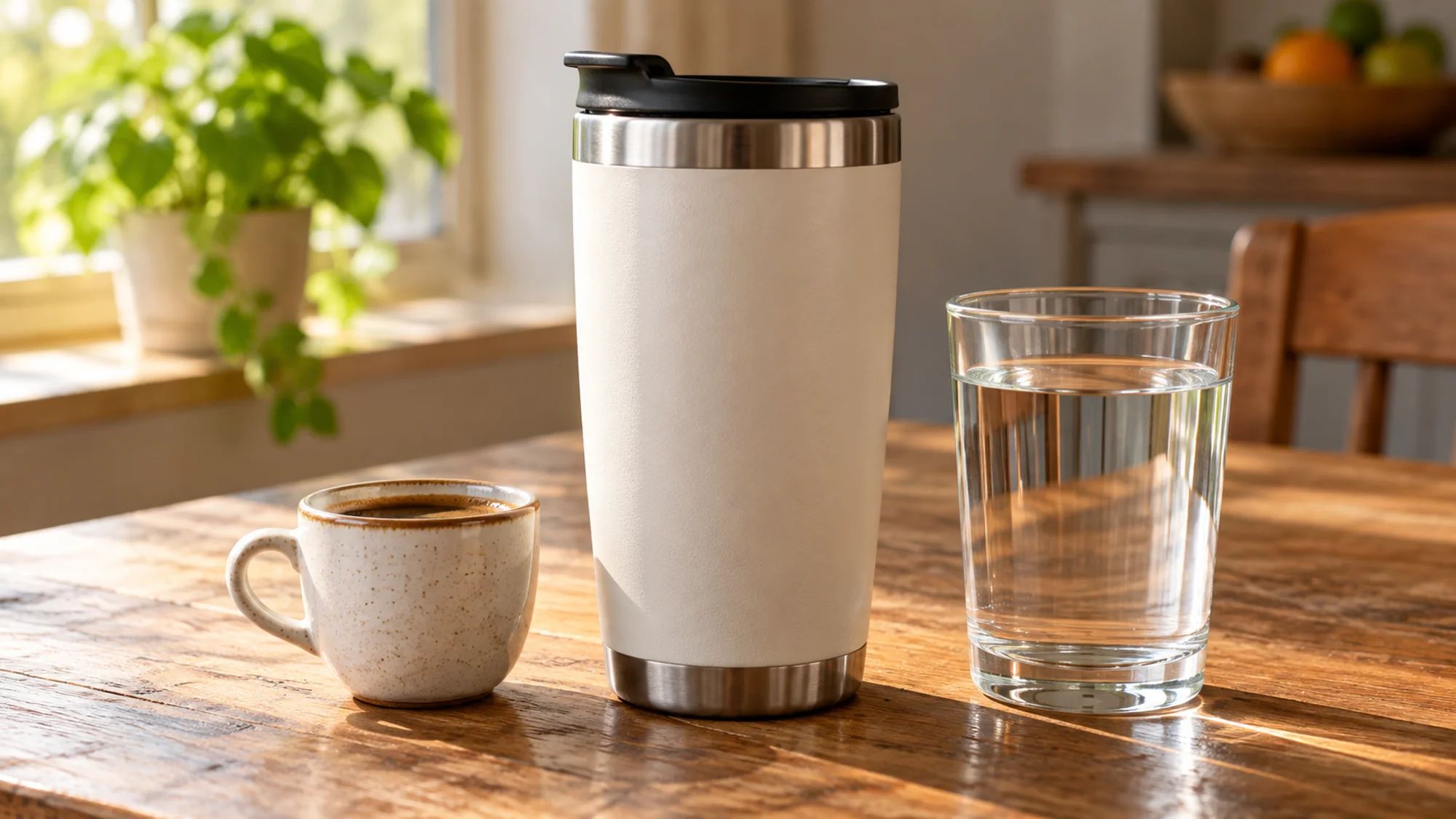A small coffee cup beside a larger travel mug and water glass