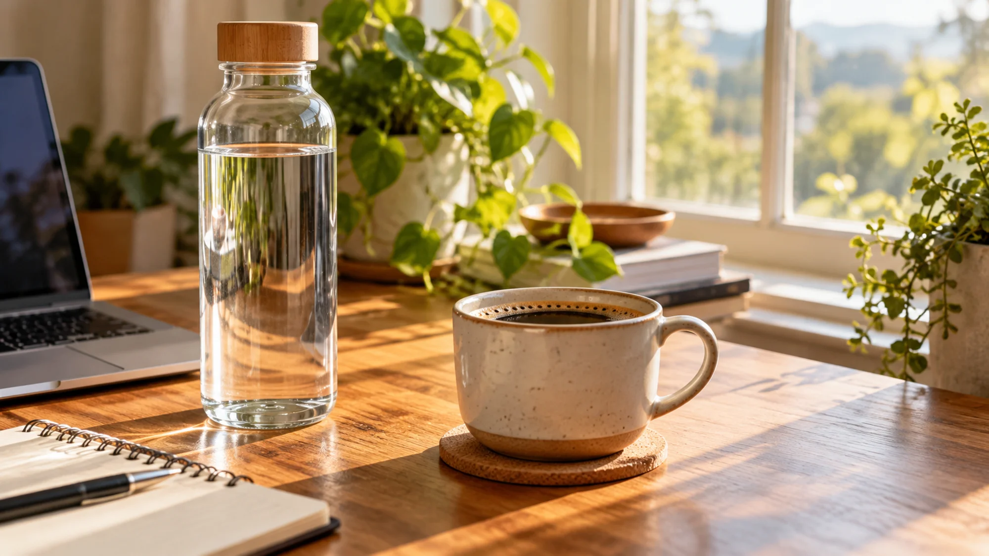 Coffee and a glass water bottle on a home work desk
