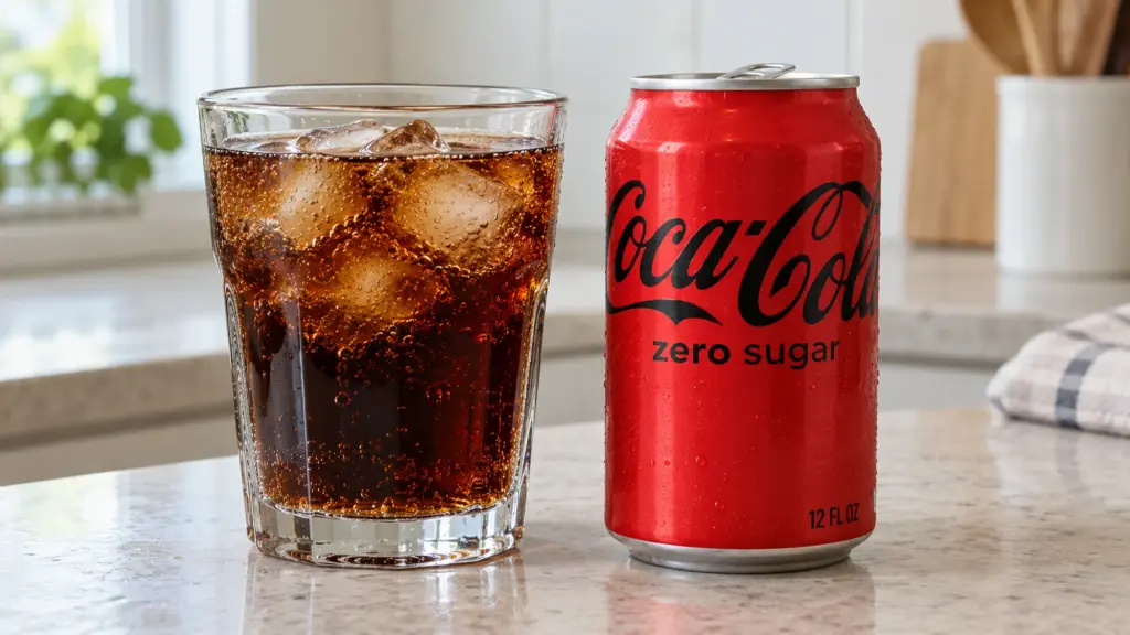 Does Coke Zero have caffeine? A Zero Sugar can beside a glass of cola