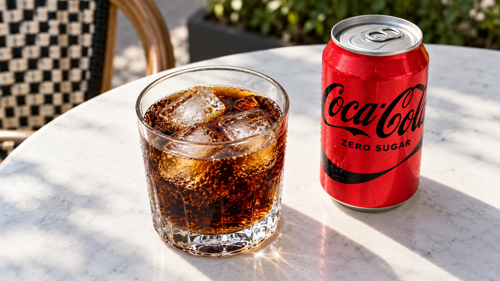 Does Coke Zero have caffeine? Zero Sugar served over ice at a café