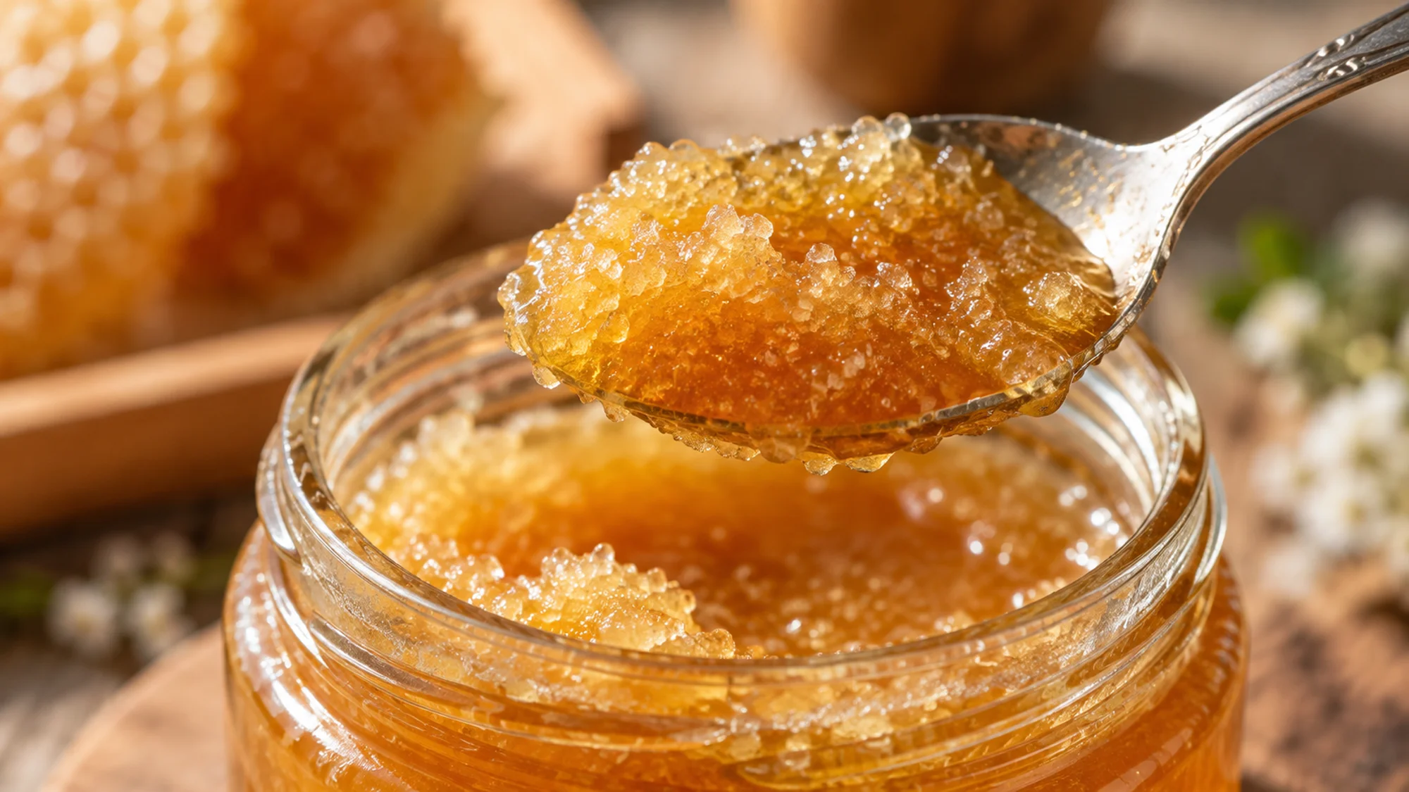 A spoonful of crystallized honey held over a glass jar