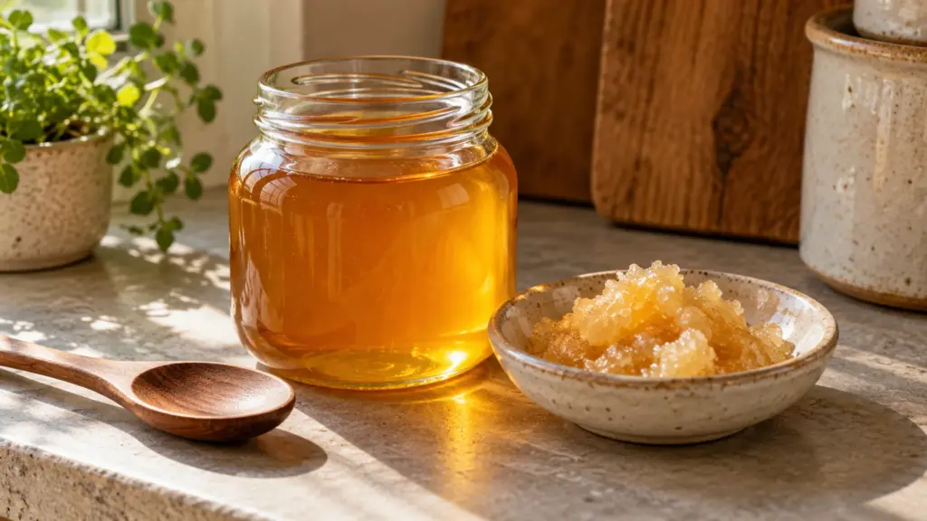 Golden liquid honey beside a dish of crystallized honey