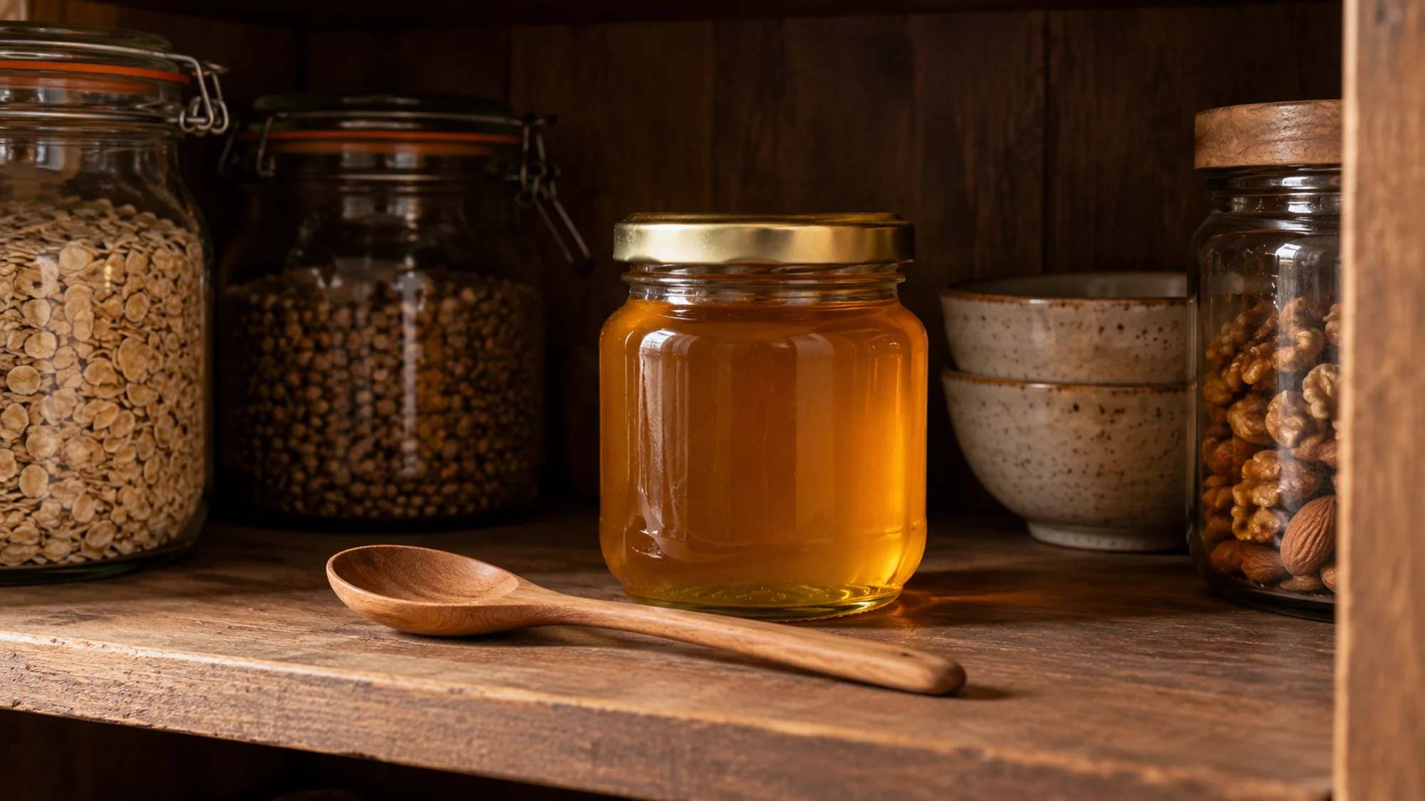 Closed glass honey jar stored in a pantry cupboard