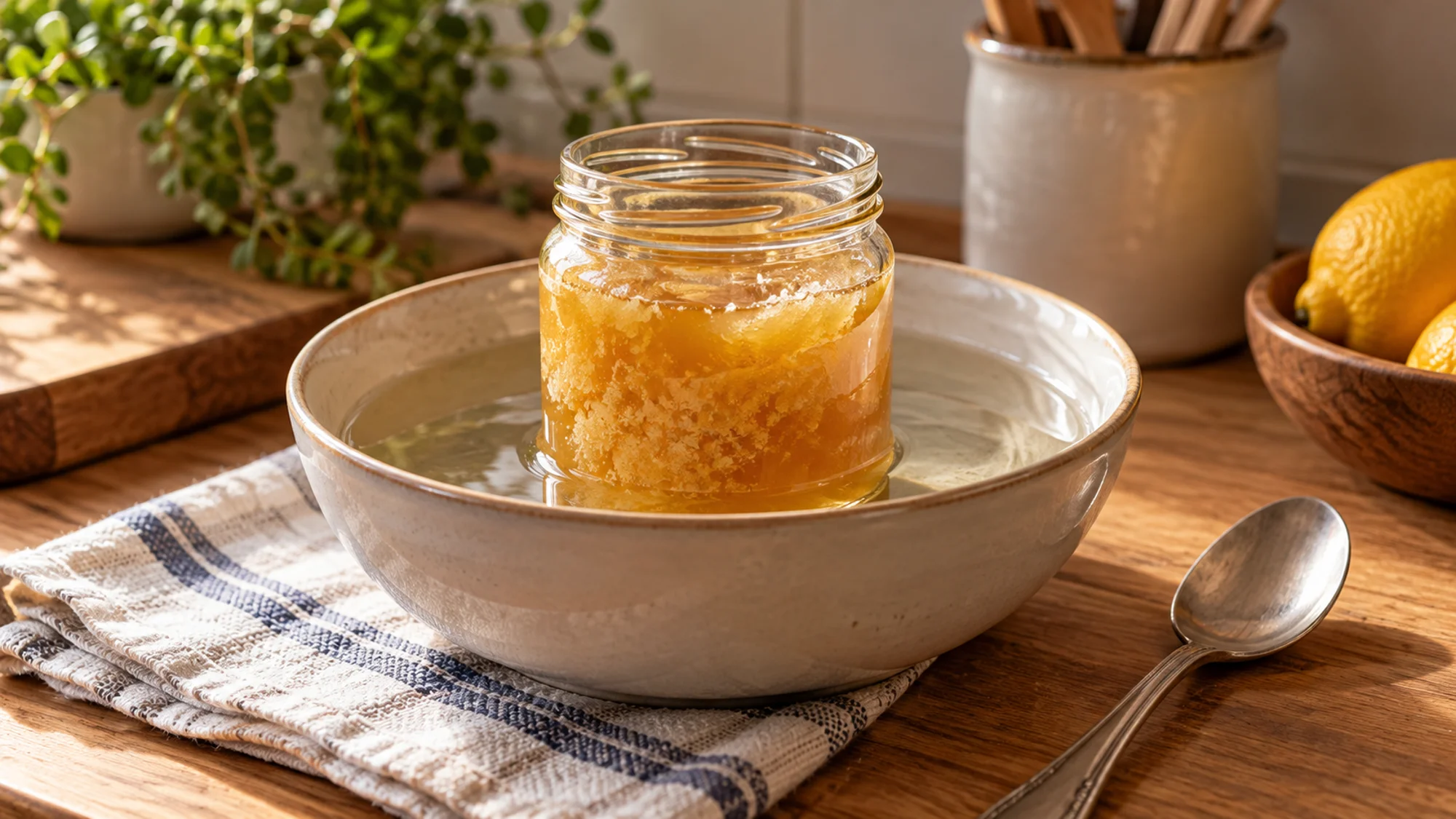 Glass jar of crystallized honey in a bowl of warm water