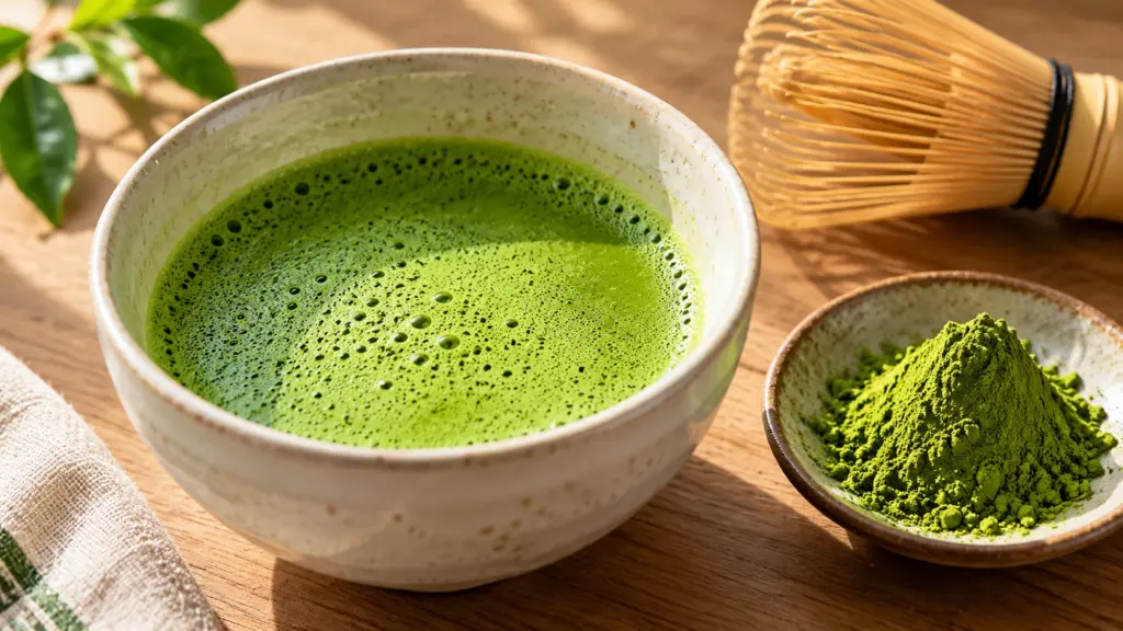 Frothy matcha bowl and powder for a does matcha have caffeine guide