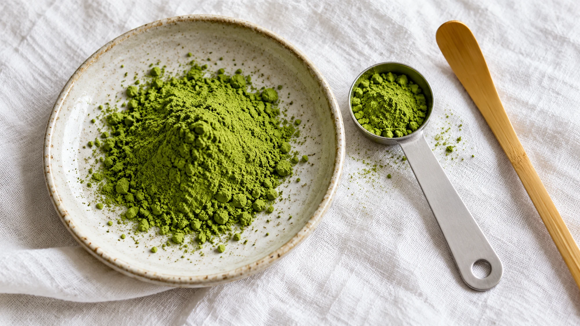 Measured green tea powder illustrating the does matcha have caffeine portion question