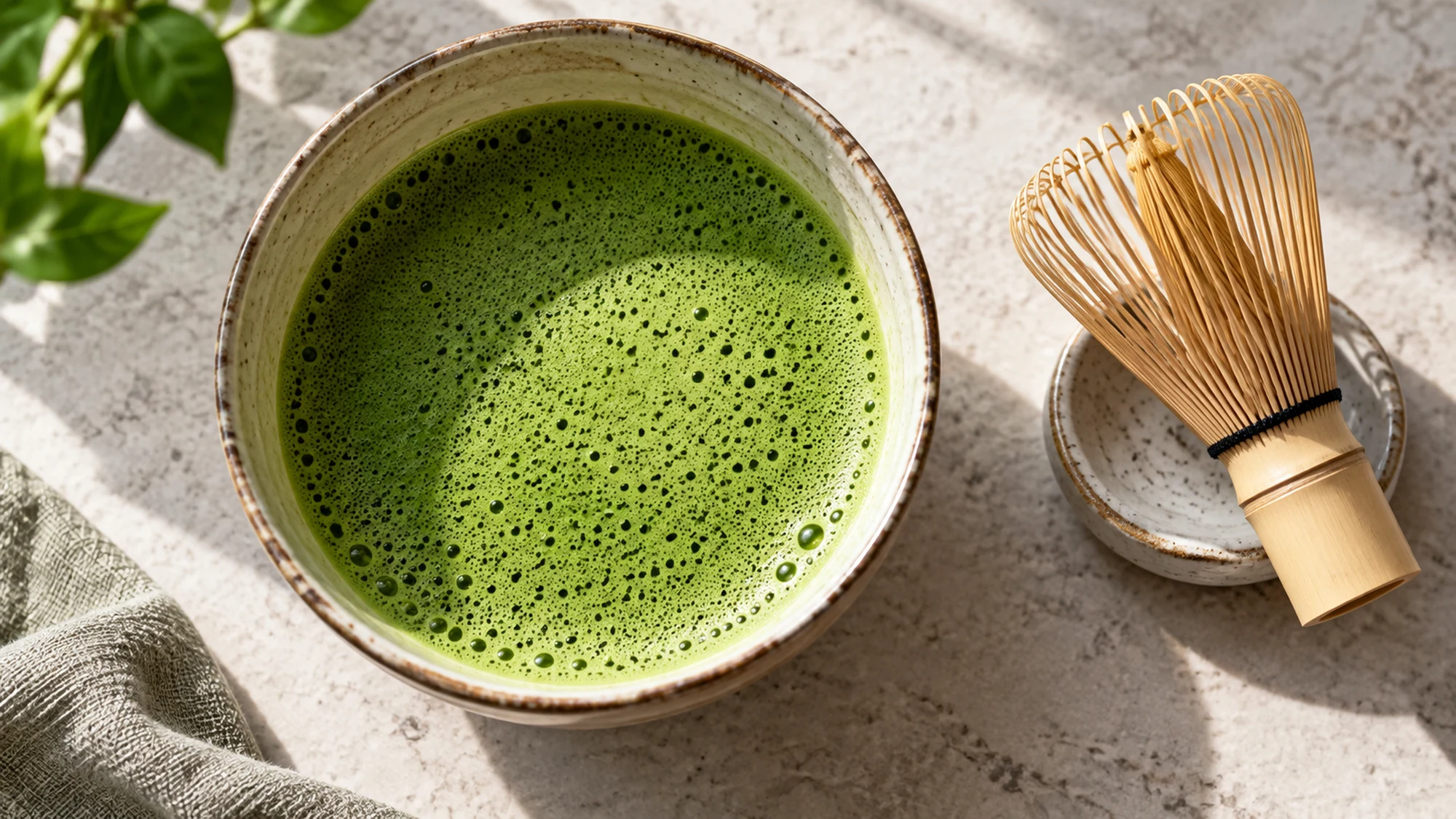 Whisked green matcha bowl illustrating does matcha have caffeine guidance