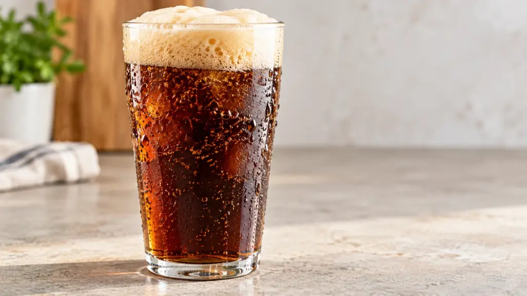 Glass of foamy root beer illustrating the question: does root beer have caffeine