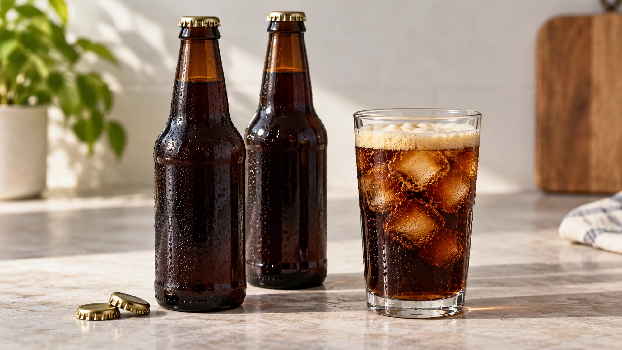 Unlabeled root beer bottles beside a glass over ice
