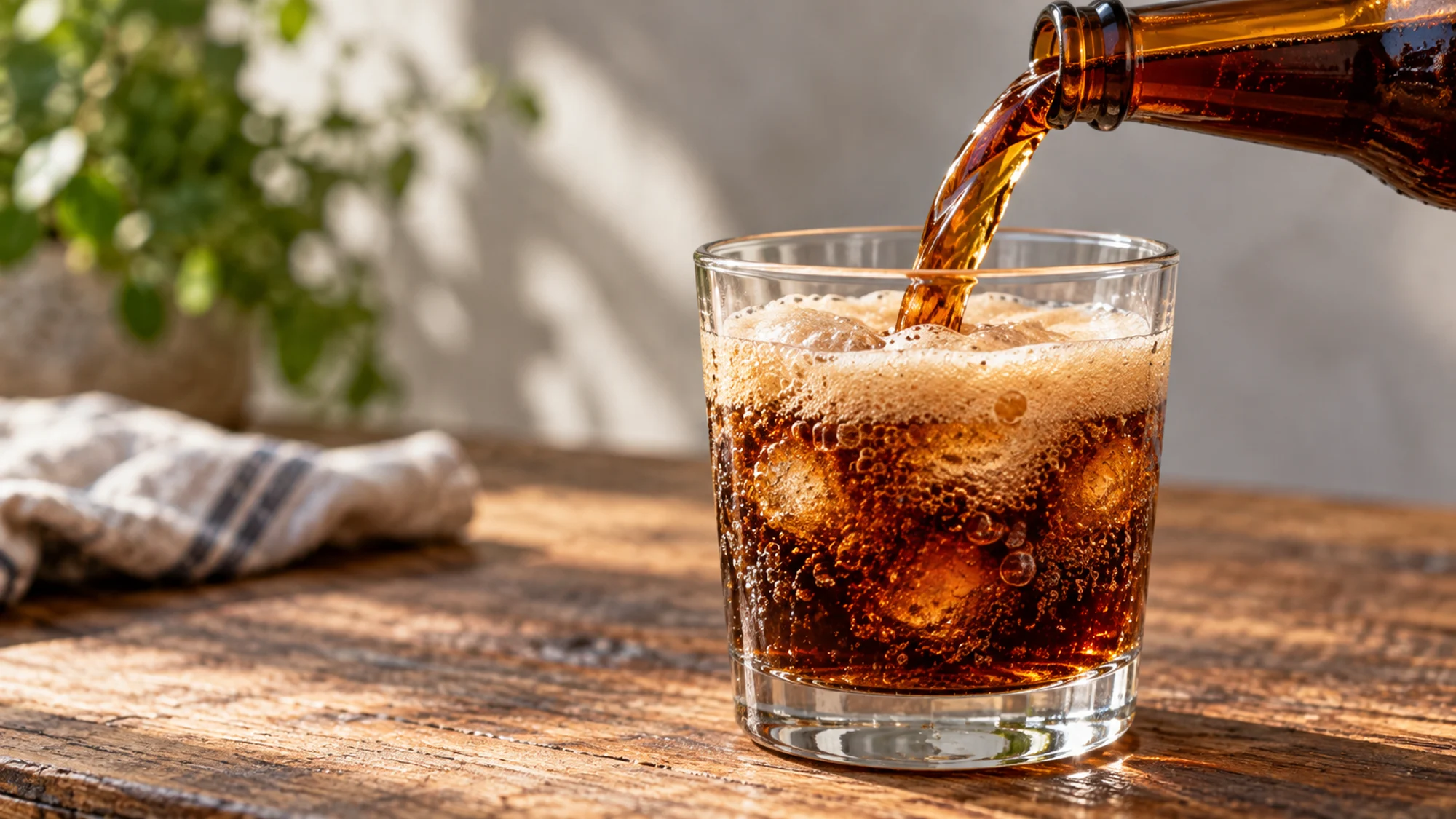 Root beer pouring into a glass while comparing serving sizes