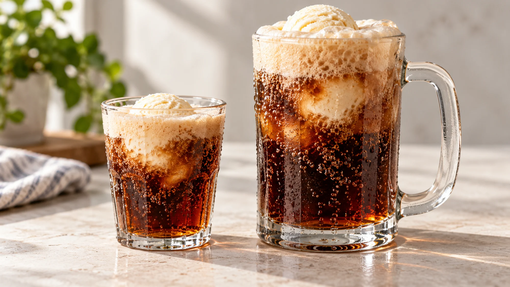 Small and large root beer floats with vanilla ice cream