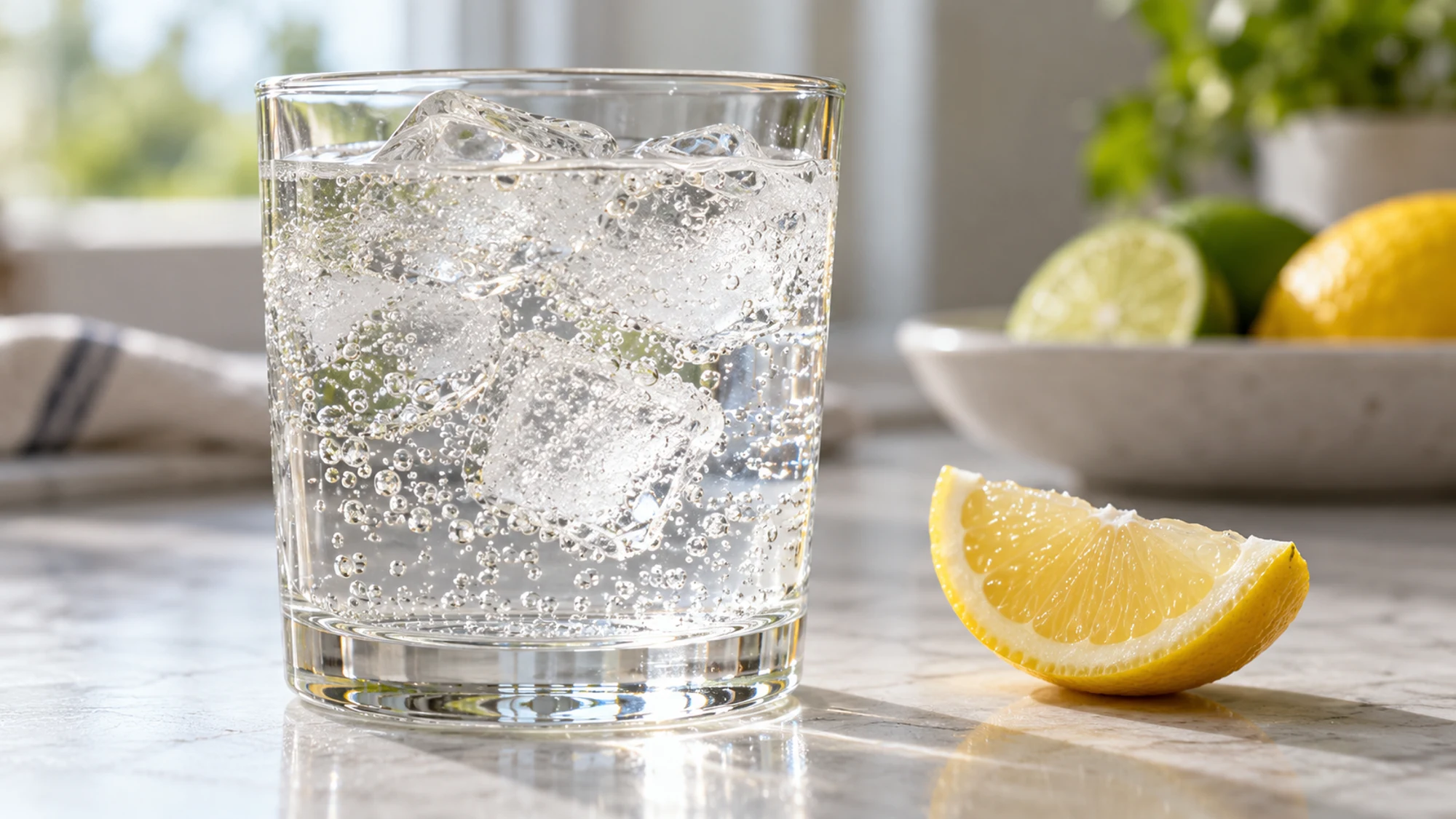 Bubbles rising around ice in a clear lemon-lime soda beside a lemon wedge