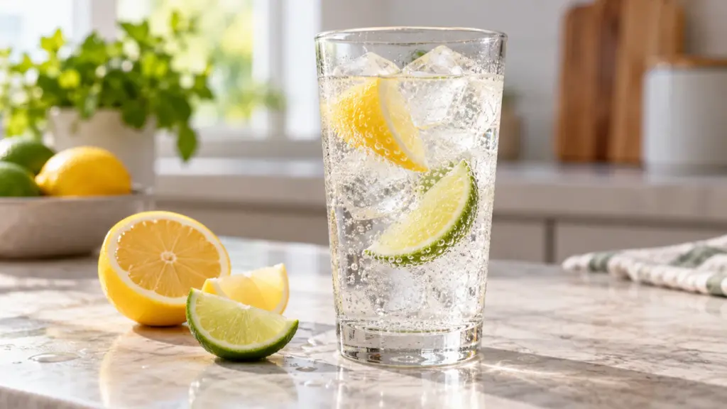 A tall glass of clear lemon-lime soda with ice and citrus wedges