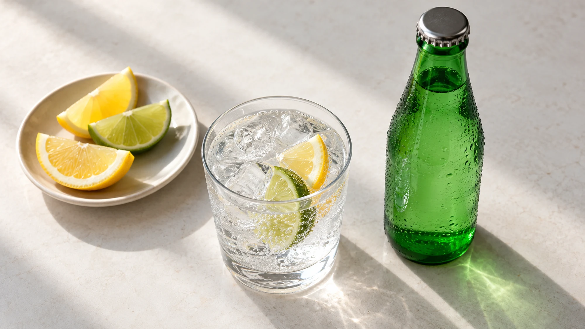 A glass of clear lemon-lime soda beside an unbranded green bottle and citrus wedges