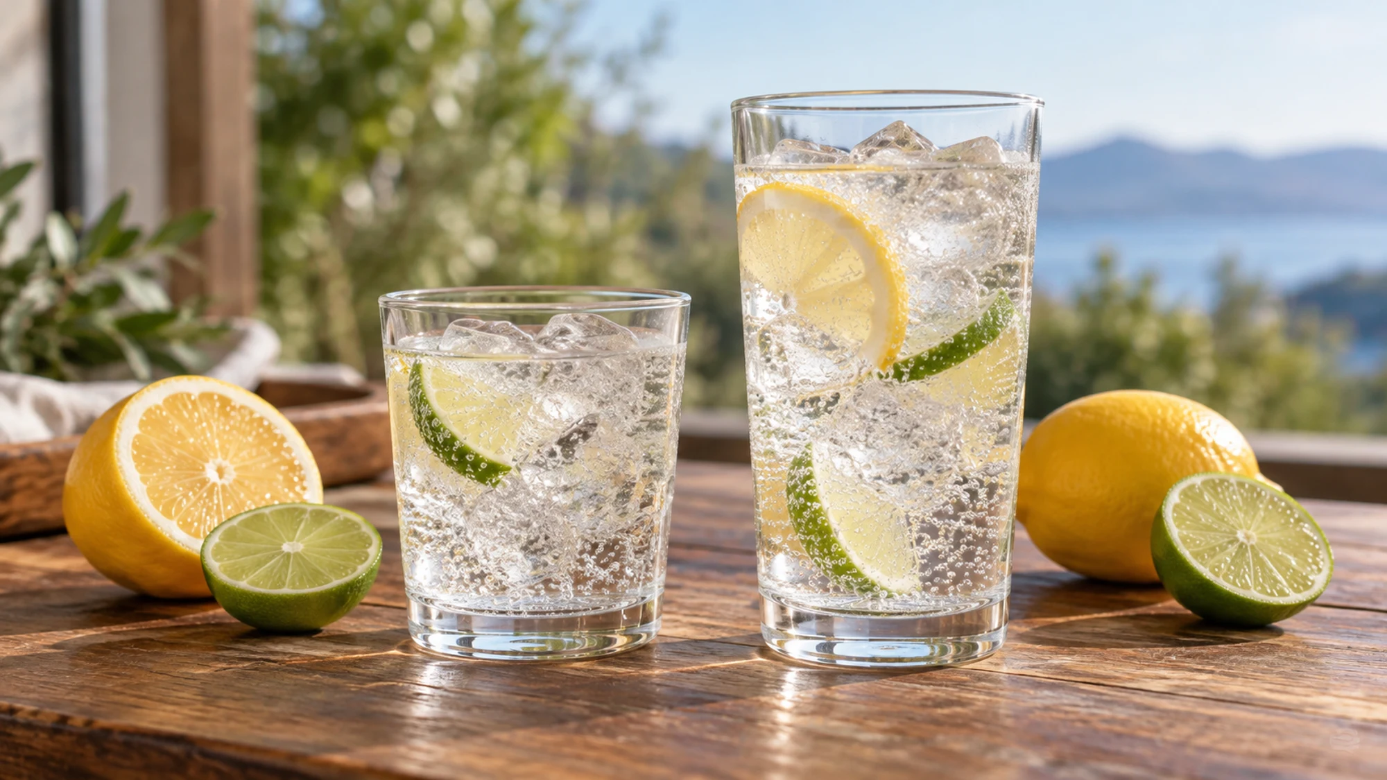 Two different-sized glasses of clear lemon-lime soda with ice and citrus