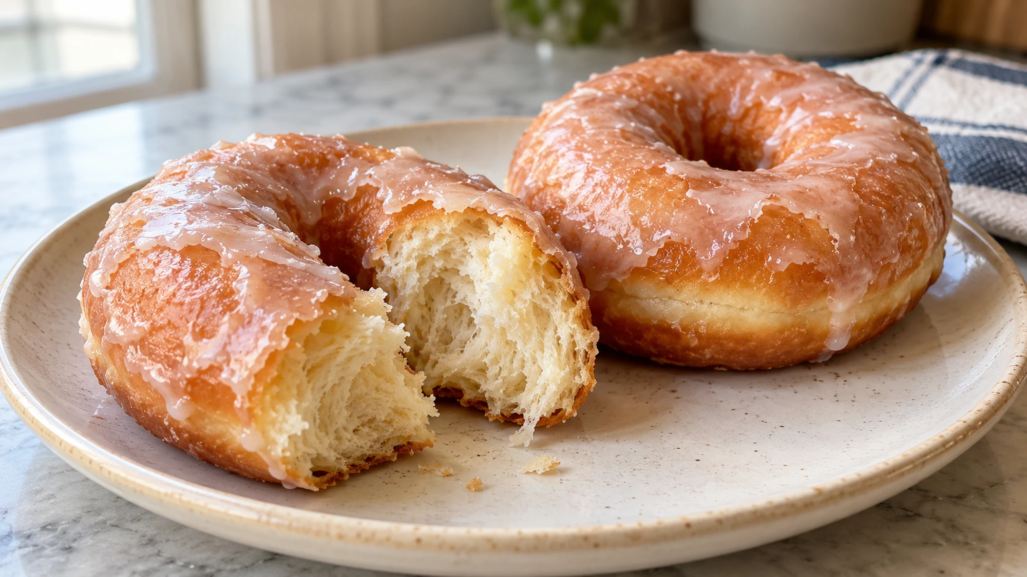 Two vanilla-glazed donuts with a soft torn interior